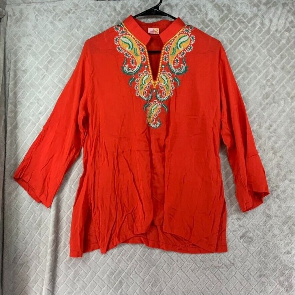 Paras Womans Large Shirt Blouse Red Paisley V Neck 3/4 Sleeve Lightweight Flowy